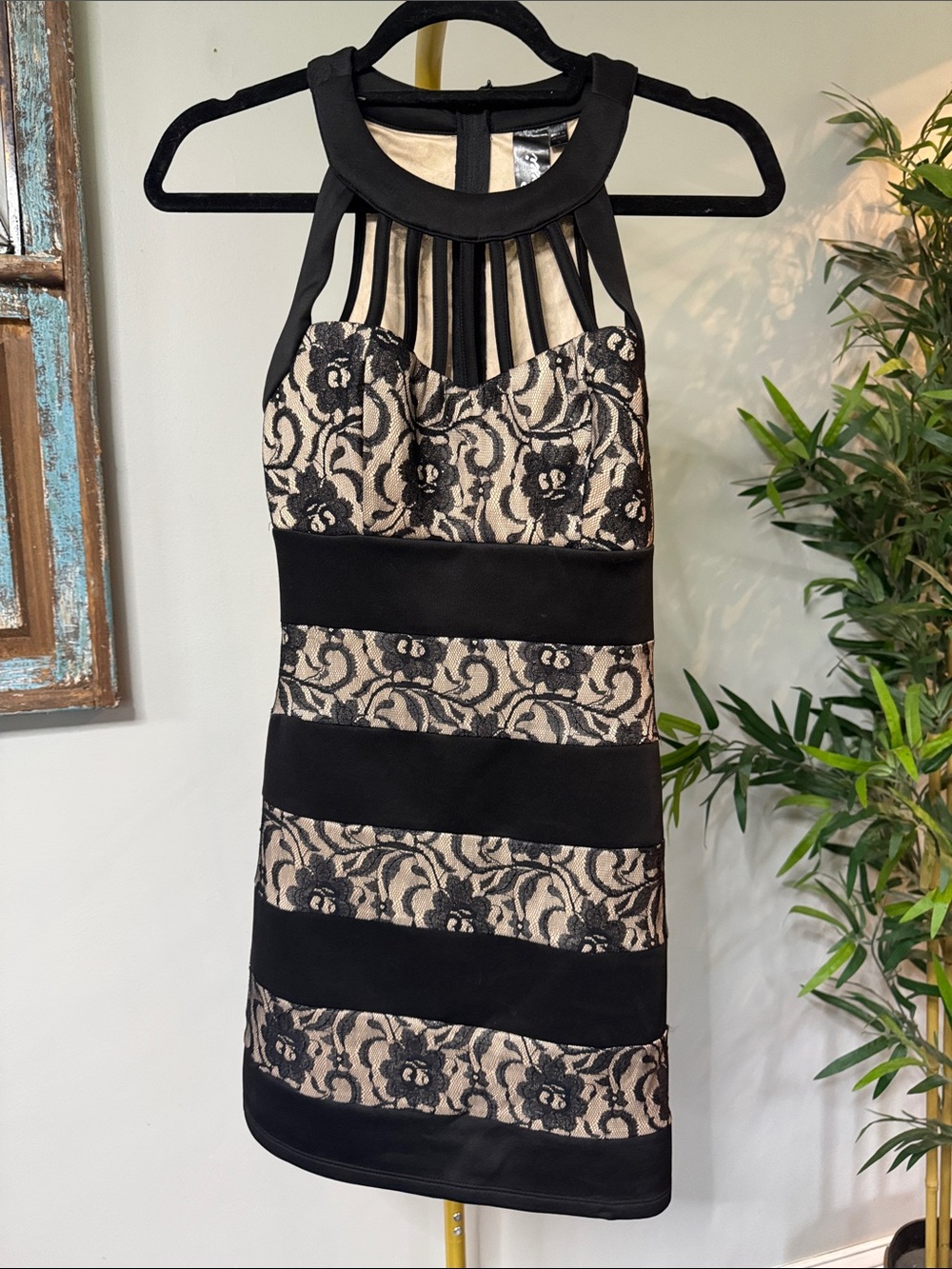 Trixxi Black and Beige Lace Striped Halter Mini Dress EUC 3 - Picture 3 of 11